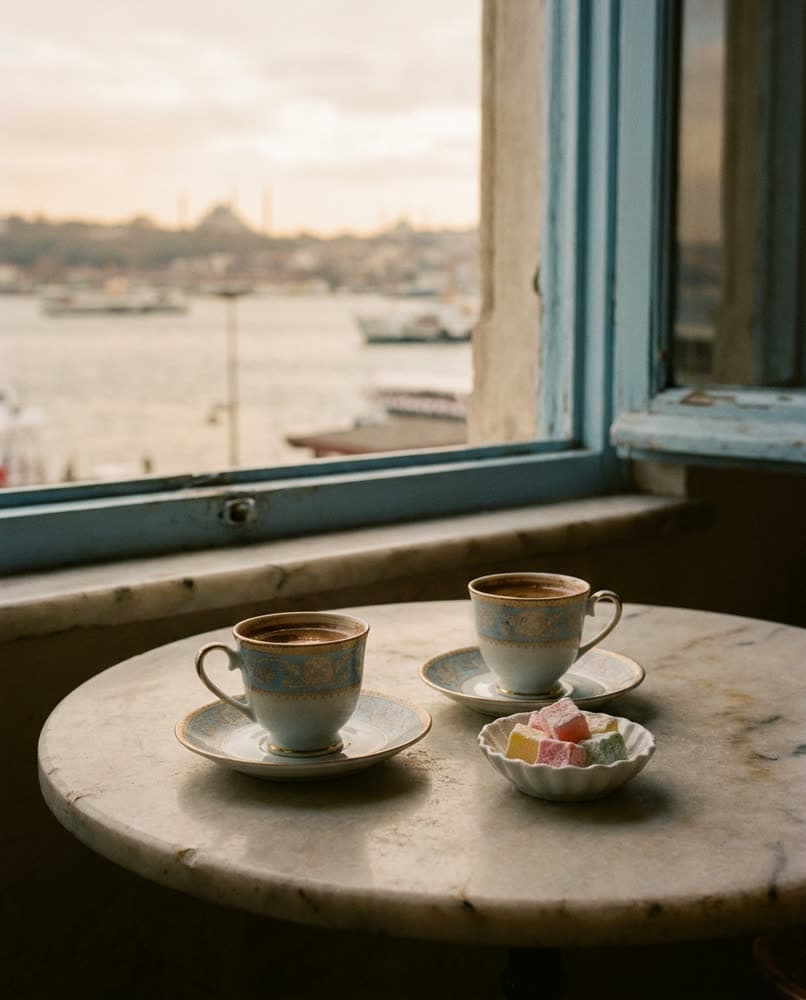 Café table with pastries and coffee